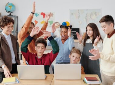 the students are studying with technology